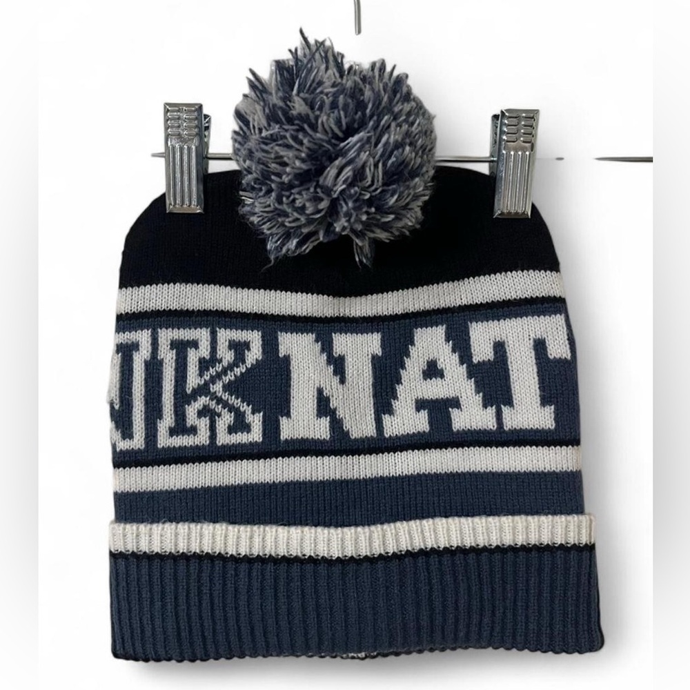 PINK Victoria's Secret Navy, White, and Black Pom-Pom Beanie